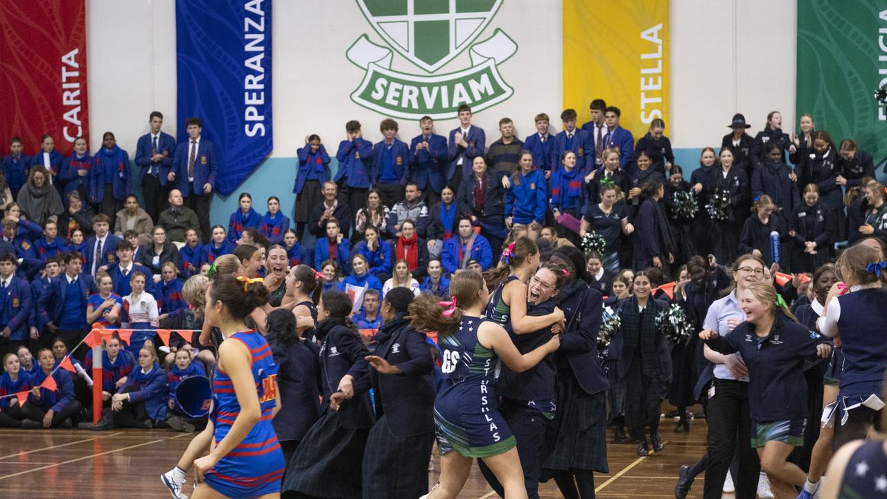 St Ursula's Senior A celebrate after defeating Downlands First VII to claim the Merici-Chevalier Cup in netball at Salo Centre, Friday, July 19, 2024. Picture: Kevin Farmer