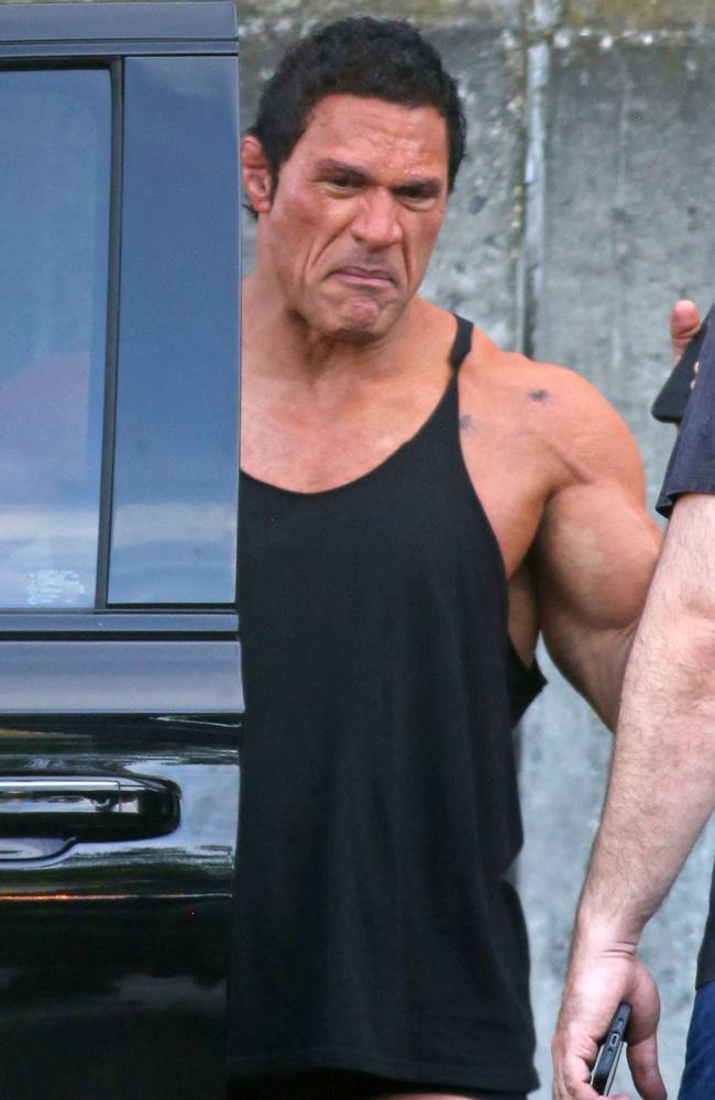 Just when we thought this wrestler-turned-actor couldn’t get any buffer, he whipped out the big guns on the set of his movie back in June. Picture: Mega Agency