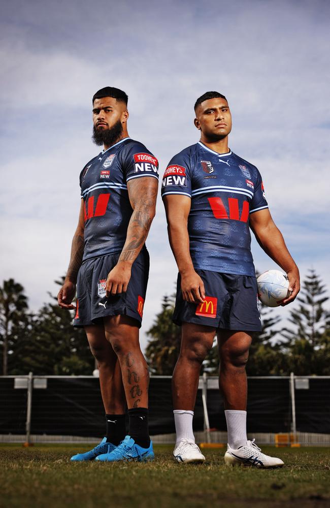 Payne Haas and Tevita Pangai Jnr pictured from their stint with the Blues in 2023. Picture: Sam Ruttyn