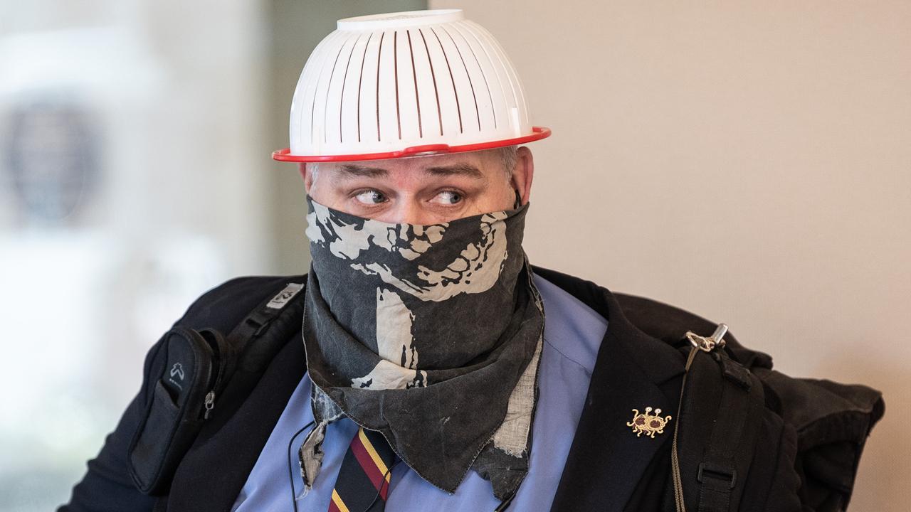 Keith Wass wears a pasta colander because he is Pastafarian — an adherent of the “religion” of the satirical Church of the Flying Spaghetti Monster. Picture: NCA NewsWire / James Gourley