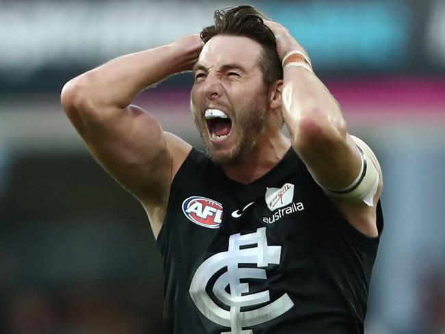 GOLD COAST, AUSTRALIA - APRIL 14: Dale Thomas of the Blues reacts after losing the round four AFL match between the Gold Coast Suns and the Carlton Blues at Metricon Stadium on April 14, 2019 in Gold Coast, Australia. (Photo by Chris Hyde/Getty Images)