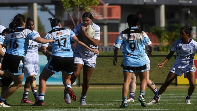 Darwin Brothers' Womens player plays against Sharks in the Humpty Dumpty Foundation round of 2022 NRLNT season. Picture: (A)manda Parkinson