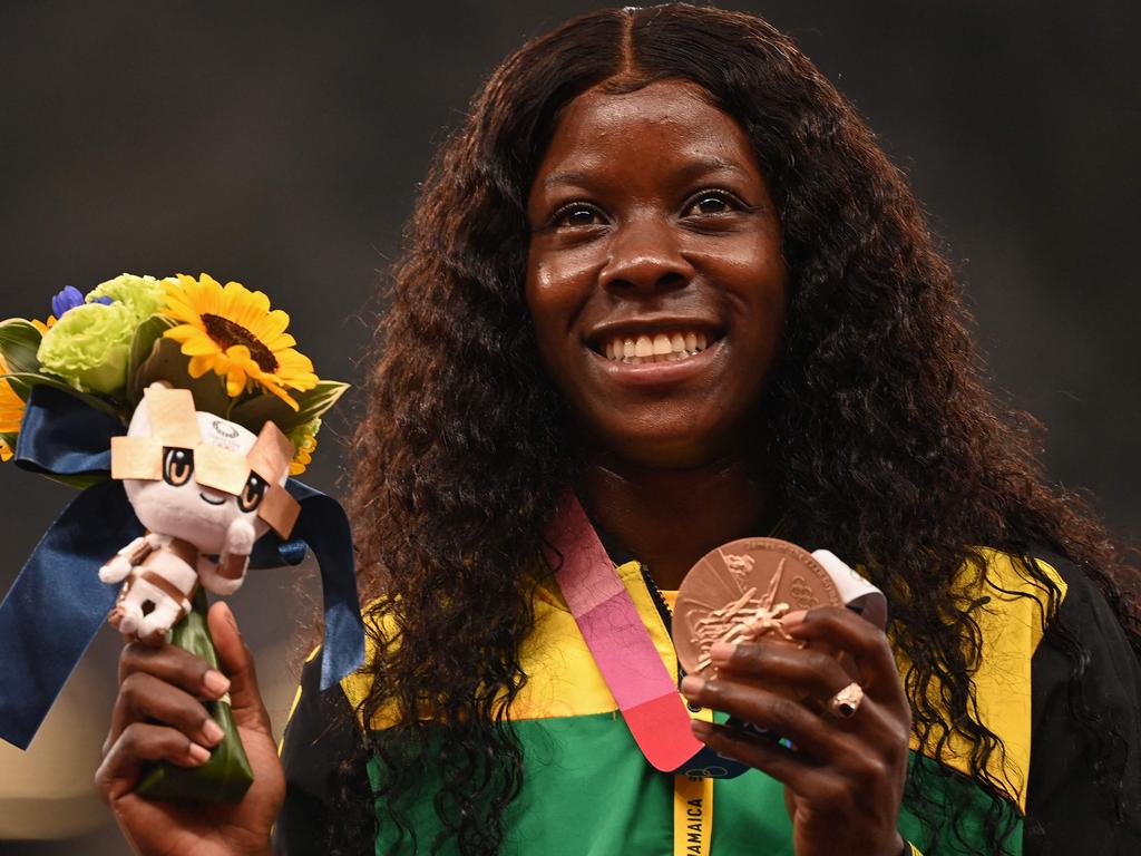 Shericka Jackson celebrated on the podium just two days ago.