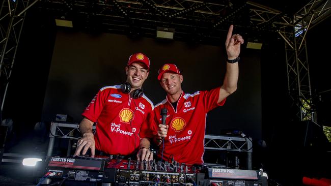 Supercars and Shell V-Power Racing Team driver Scott McLaughlin and co-driver Alex Premat inspecting the new look concert stage at Club 600 where DJs will perform at Macintosh Island. Picture: Jerad Williams