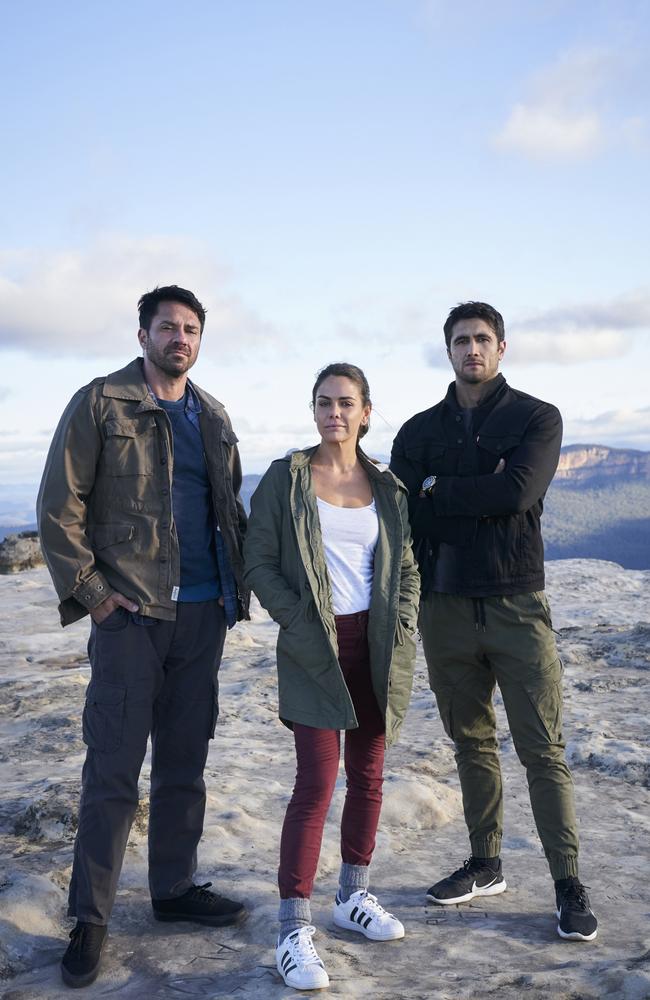 Home and Away stars Rob Kipa-Williams, Emily Weir and Ethan Browne in the Blue Mountains. Picture: Supplied