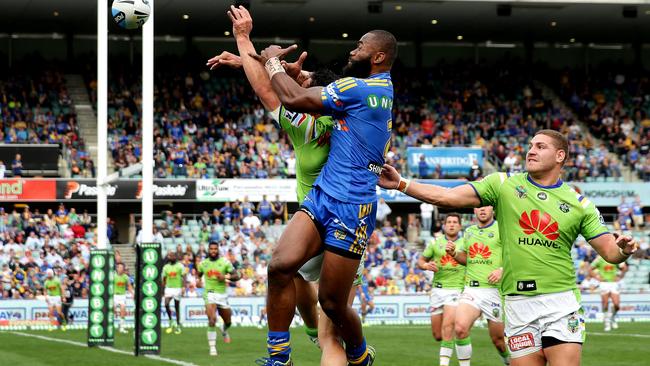 Parramatta's Semi Radradra goes up for a bomb. Pic: Gregg Porteous