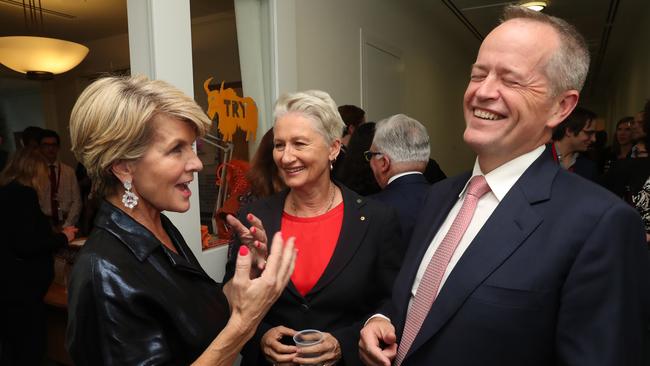 Julie Bishop, Kerryn Phelps and Bill Shorten share a laugh at last night’s shindig.