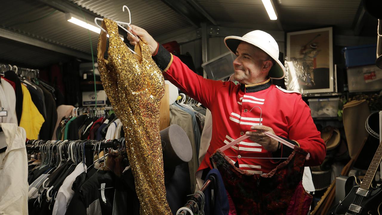 <p>Performer John X is cleaning out his shed full of theatre clothes and props and, rather than selling, he's giving it away to schools and groups. March, 2019. Picture: MATHEW FARRELL</p>