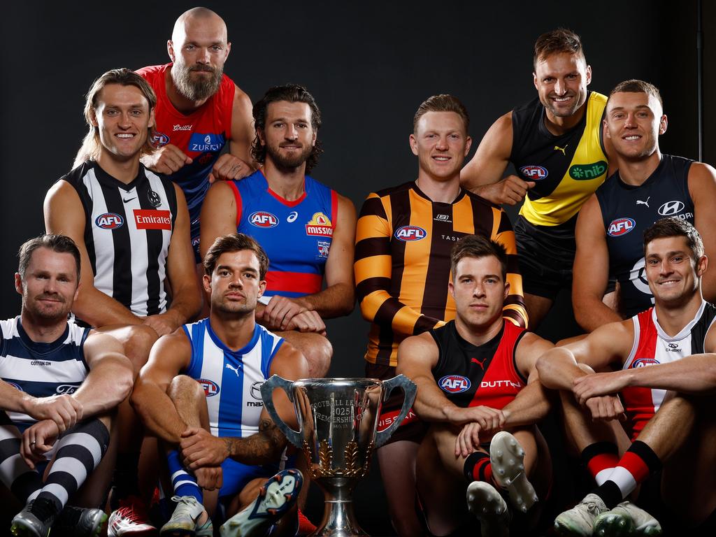 Patrick Dangerfield of the Cats, Darcy Moore of the Magpies, Max Gawn of the Demons, Jy Simpkin of the Kangaroos, Marcus Bontempelli of the Bulldogs, James Sicily of the Hawks, Zach Merrett of the Bombers, Toby Nankervis of the Tigers, Patrick Cripps of the Blues and Jack Steele of the Saints. Picture: Michael Willson/AFL Photos via Getty Images