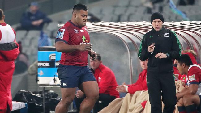 Taniela Tupou jogs to the sideline after being sin binned against the Blues. Picture: AAP