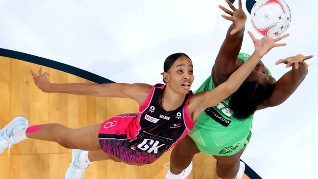 Shamera Sterling of the Thunderbirds and Jhaniele Fowler of the Fever contest for the ball. Picture: James Worsfold/Getty Images