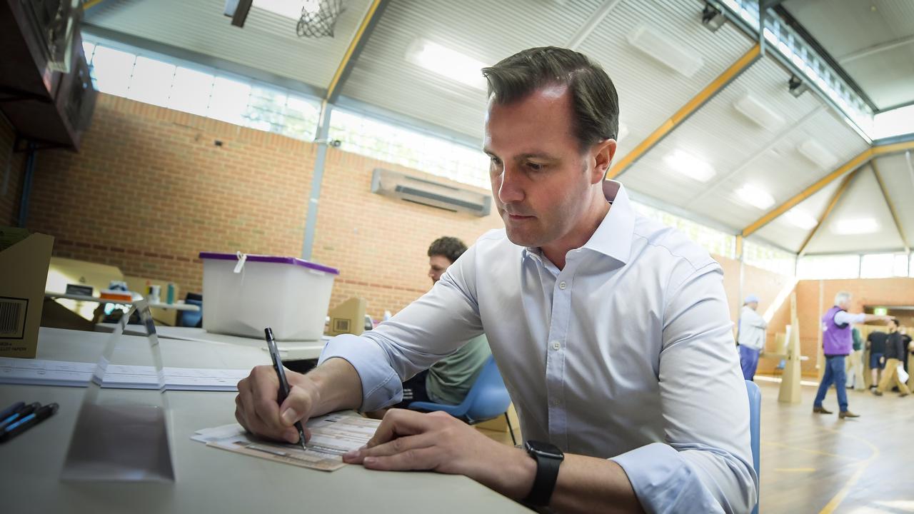 Former Liberal member for Sturt James Stevens casts his vote. Picture: Roy VanDerVegt
