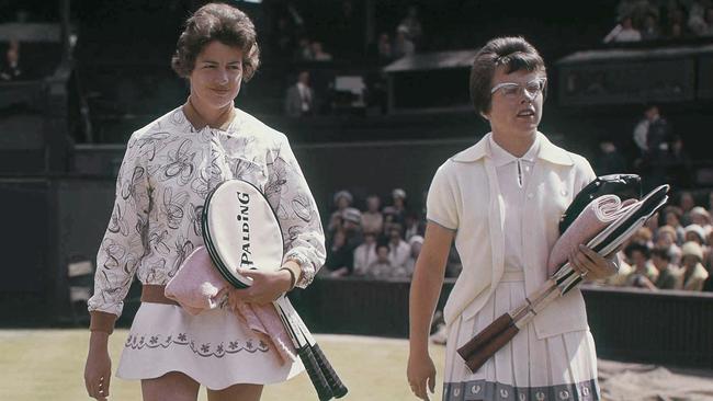 Margaret Court with Bille Jean Moffit before the finals at Wimbledon in June 1962. Picture: AP