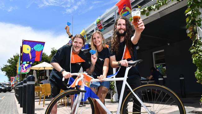 Liam Jenkins, Taylor Jenkinson and Angus Kiley pose for a photograph at the Port Admiral Hotel on Monday the 15th of January 2018. Local traiders are getting ready for the TDU tomorrow which starts at Port Adelaide tomorow.  (AAP/ Keryn Stevens)