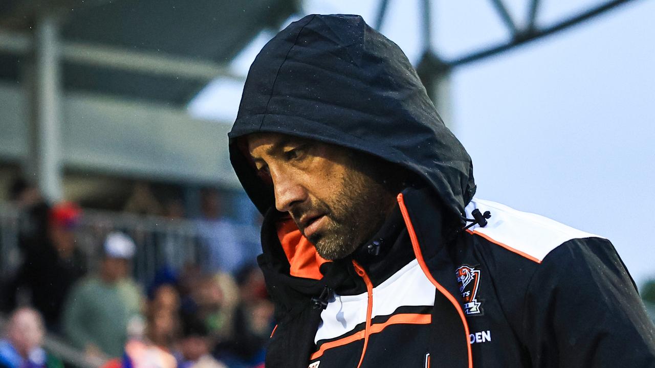 TAMWORTH, AUSTRALIA - MAY 11: Benji Marshall head coach of the Tigers walks off at the end of the game after their loss during the round 10 NRL match between Wests Tigers and Newcastle Knights at Scully Park, on May 11, 2024, in Tamworth, Australia. (Photo by Mark Evans/Getty Images)