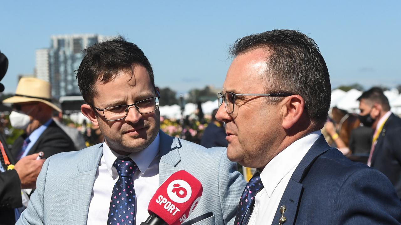 Co trainers Mathew de Kock (left) and Robbie Griffiths will run Halvorsen down his favoured Flemington straight course in Saturday's Group 3 Standish Handicap. Picture : Racing Photos via Getty Images.