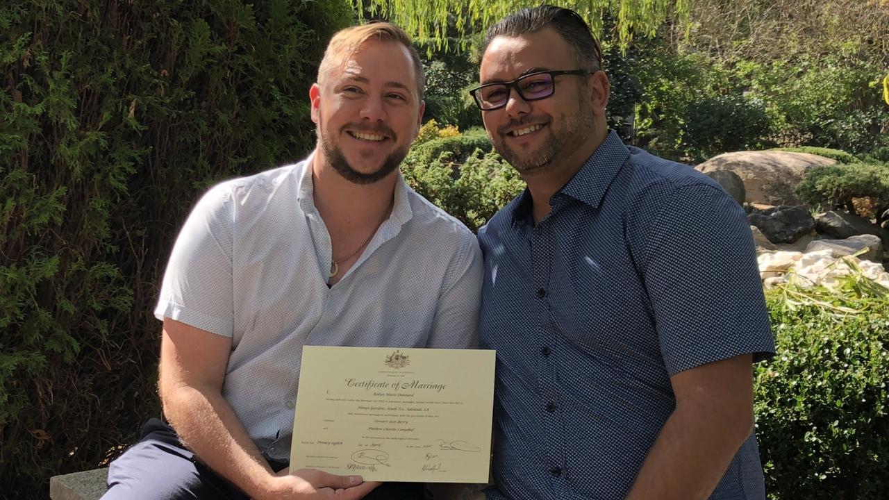 Mathew Campbell, right, alongside his husband and fellow child exploitation offender Stewart Iain Berry on their wedding day. Picture: Supplied.