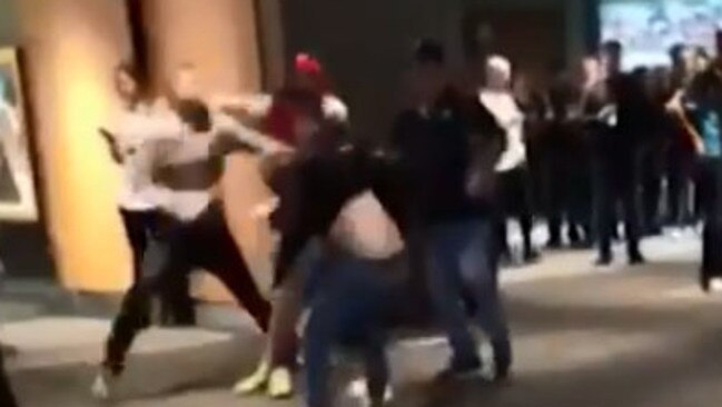 A still from video of a brawl at Adelaide Oval during Port v Geelong game earlier this year.