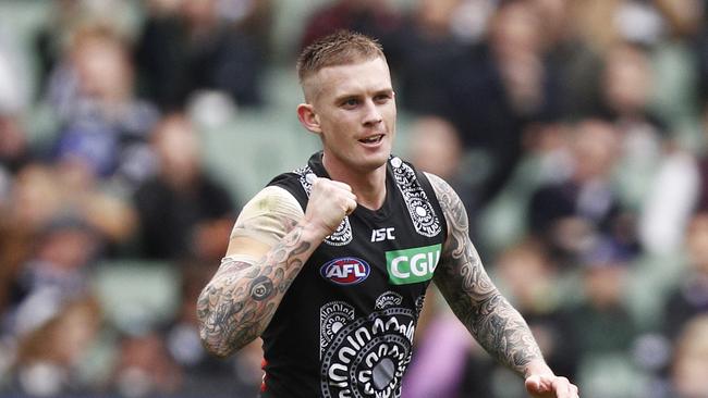 Dayne Beams celebrates a goal against Fremantle last season.