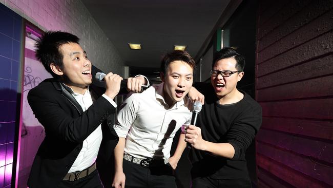 Friends Baiwen Su, Yizhou Wang and Yinguan Liu are hoping to open a karaoke bar in Soundys Lane. Picture: LUKE BOWDEN