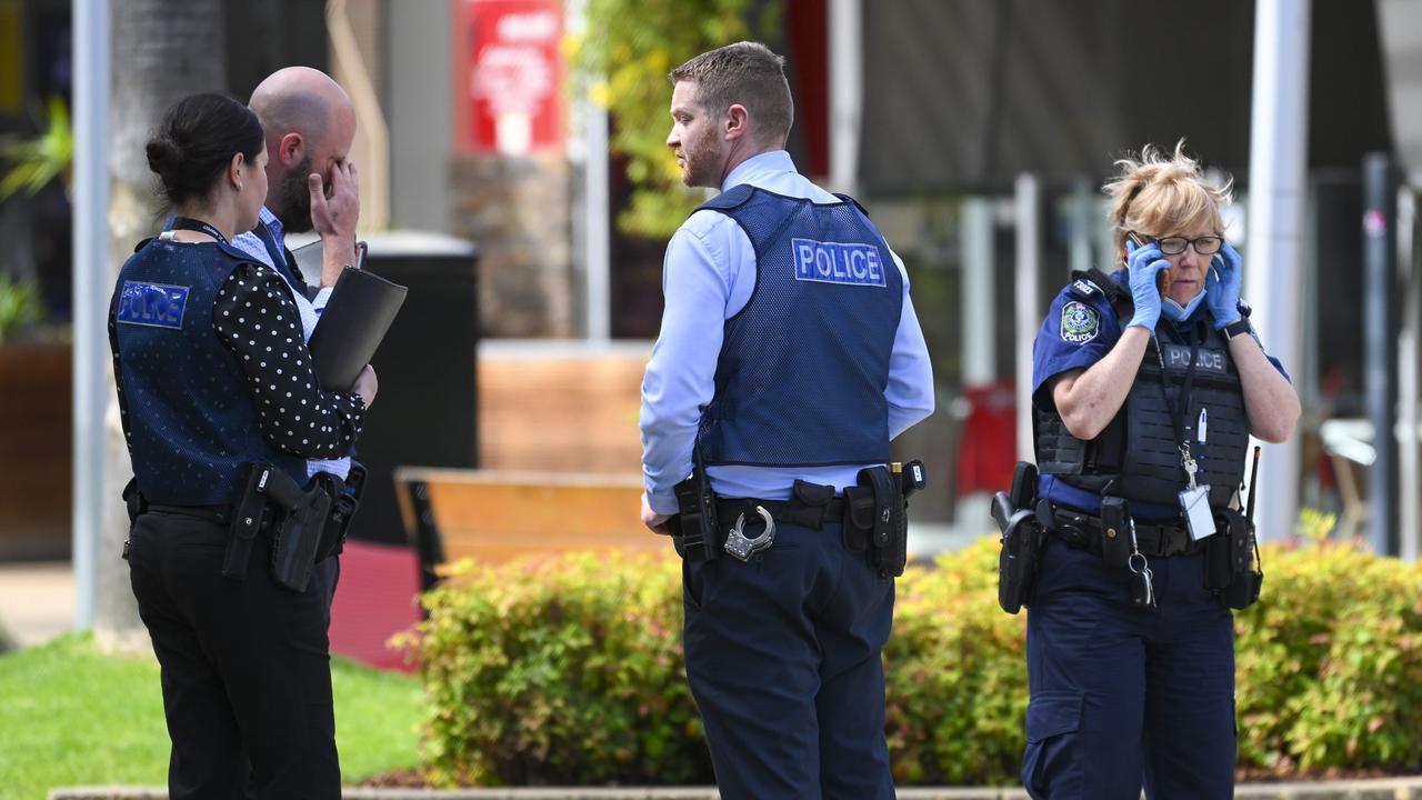 Police and detectives outside Elizabeth City Centre after the stabbing on Wednesday. Picture: Mark Brake