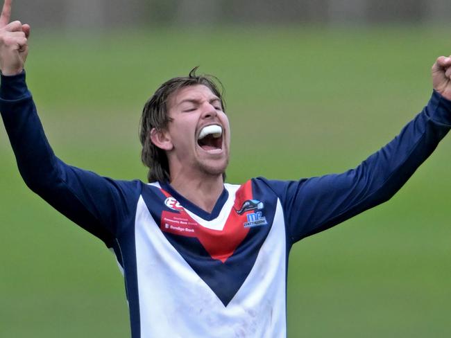 St AlbansÃ Matthew Gundry celebrates kicking a goal during the EDFL: Rupertswood v St Albans football match in Sunbury, Saturday, May 27, 2023. Picture: Andy Brownbill