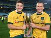 SYDNEY, AUSTRALIA - AUGUST 08: Drew Mitchell and Matt Giteau of the Wallabies pose with the Rugby Championship trophy after winning the Rugby Championship match between the Australia Wallabies and the New Zealand All Blacks at ANZ Stadium on August 8, 2015 in Sydney, Australia. (Photo by Cameron Spencer/Getty Images)