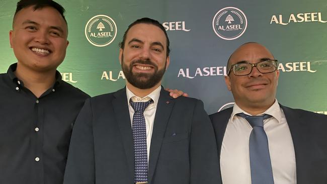 Adrian Islas, Al Aseel general manager Ahmad Harb and Rusty Tandog at Al Aseel Lebanese restaurant at Parramatta.