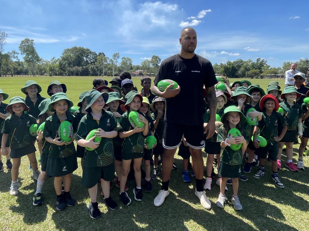 Lance 'Buddy' Franklin made a surprise visit at the Anula Primary School while visiting the NT. Picture: Nathaniel Chambers