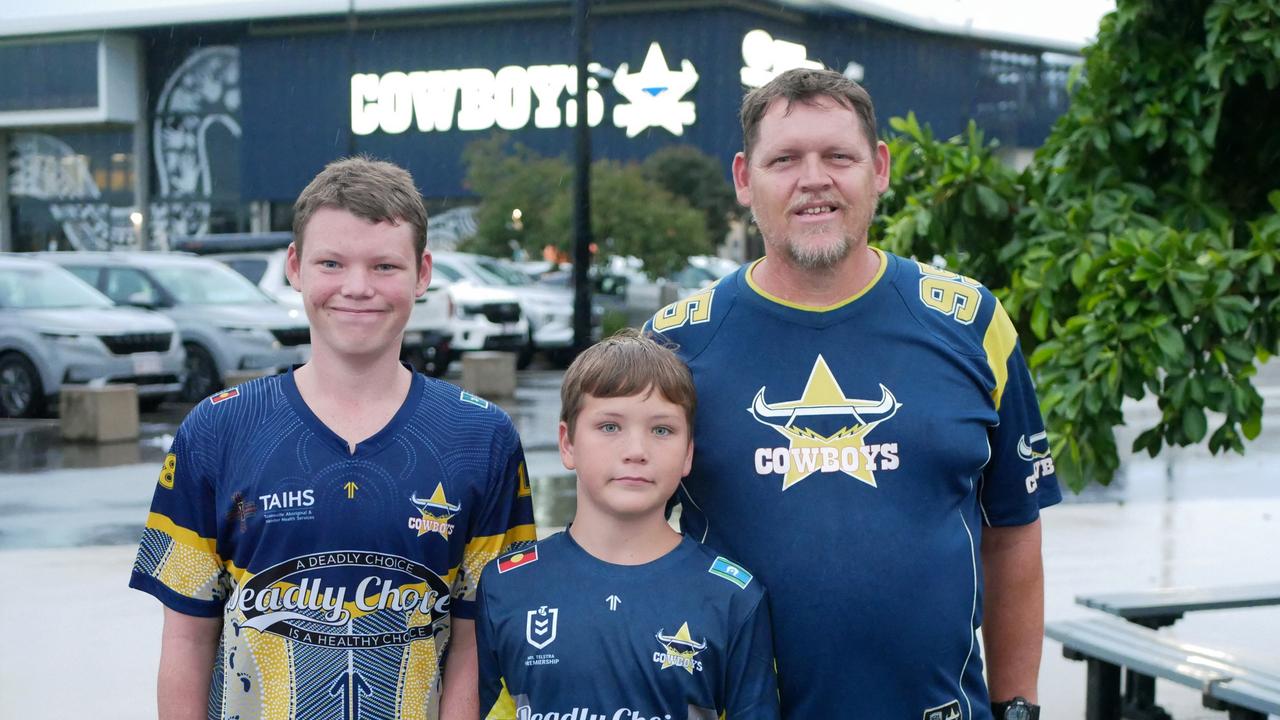 Jayden Elijah, 12, and Terry were decked out in Cowboys gear at Queensland Country Bank Stadium for the NRL All Stars on Friday night. Picture: Blair Jackson