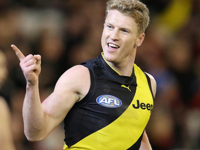 AFL Round 22. 17/08/2018. Richmond v Essendon at the MCG.  RichmondÕs Josh Caddy celebrates his goal in the first quarter . Pic: Michael Klein