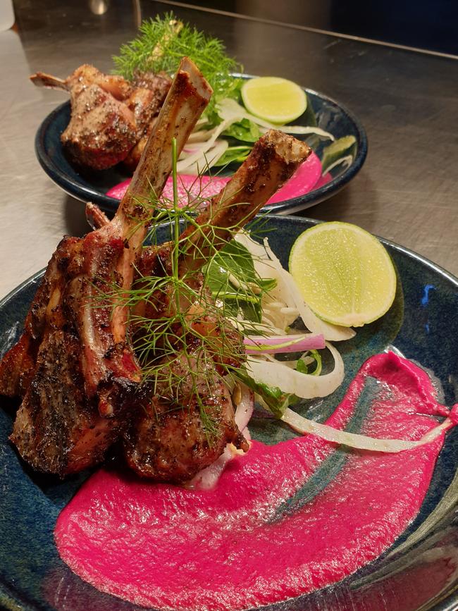 Grilled lamb cutlet, beetroot, rocket and fennel salad.