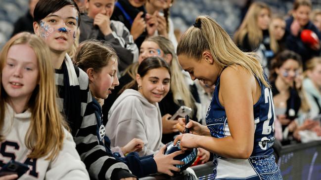 Geelong defender Claudia Gunjaca interacts with fans this season. Picture: Dylan Burns/AFL Photos via Getty Images