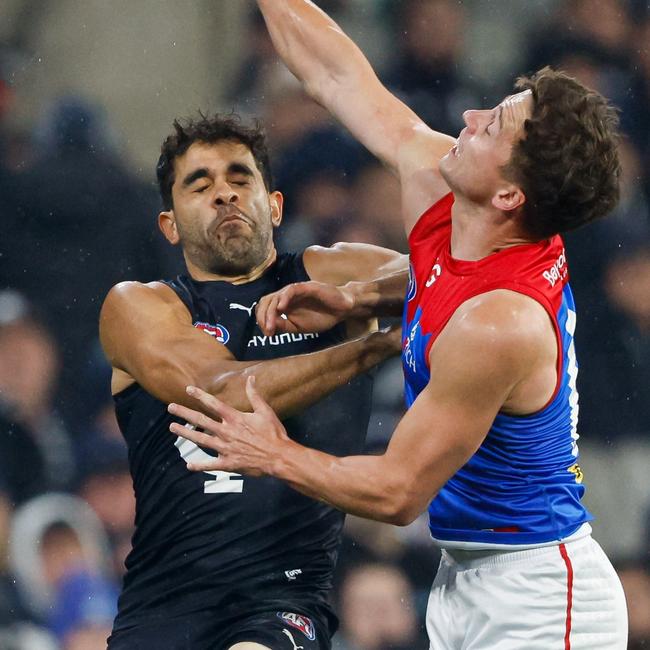 Carlton forward Jack Martin’s calf injury is ‘only minor’ according to Blues coach Michael Voss, but he could still miss several games as the club manages him carefully. Picture: Dylan Burns / Getty Images