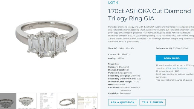 AFP Operation Elbrus Tax Fraud Luxury Assets Forfeited to the Commonwealth &amp; other vendors. 1.7 ct Ashoka Cut Diamond Trilogy Ring.