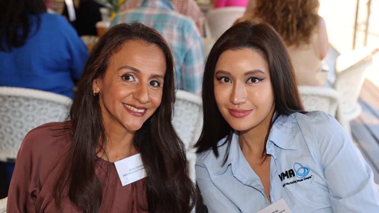 Jo Allender and Esther Ma at the Gold Coast Women in Tourism Breakfast at Southport Yacht Club for Gold Coast at Large. Picture: Portia Large