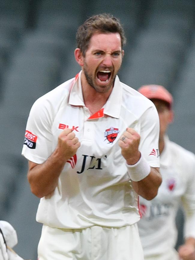 Chadd Sayers of the Redbacks celebrates after dismissing NSW’s Nick Larkin in October. Picture: AAP Image/David Mariuz