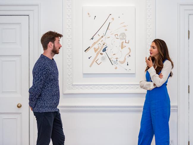 Artist Oliver Beer and Guest Work Agency International Curatorial Associate Anais Lellouche at OMA, a solo exhibition by Oliver Beer at Galerie Thaddaeus Ropac, London, September 2020. Photograph by Martin Behrman courtesy of the Guest Club.