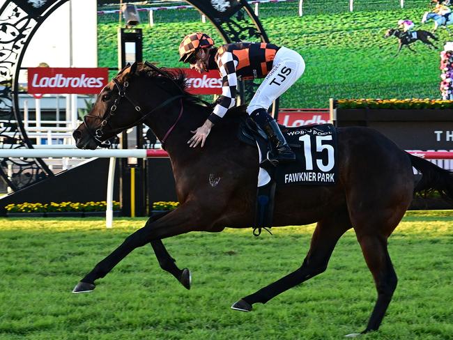 Fawkner Park surges into Caulfield Cup contention with a dominant win in The Q22 for jockey Tyler Schiller and trainer Annabel Neasham. Picture: Grant Peters - Trackside Photography.