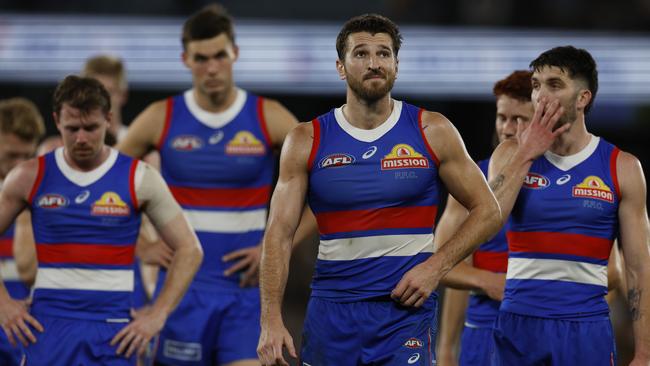 Western Bulldogs captain Marcus Bontempelli leads the Bulldogs off after their second consecutive loss to Hawthorn on Sunday. Picture: Michael Klein