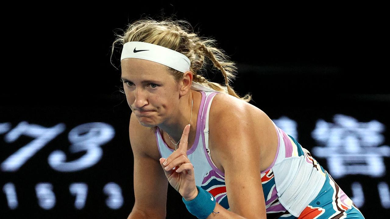 Belarus' Victoria Azarenka reacts on a point against Jessica Pegula of the US during their women's singles quarter-final match on day nine of the Australian Open tennis tournament in Melbourne on January 24, 2023. (Photo by DAVID GRAY / AFP) / -- IMAGE RESTRICTED TO EDITORIAL USE - STRICTLY NO COMMERCIAL USE --