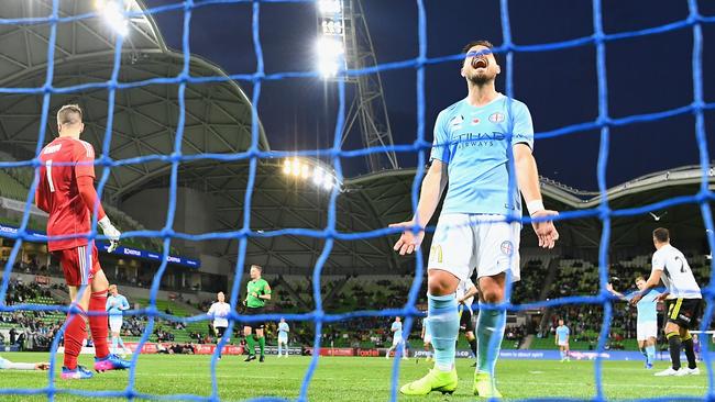 Melbourne City star Bruno Fornaroli shows his frustration after missing a shot on goal against Wellington Phoenix earlier this month. Picture: Getty Images