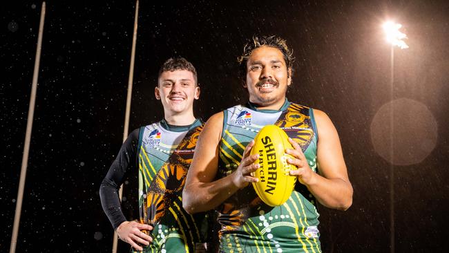 Salisbury North Football Club A Grade players Brodie Wagner, 20, and Malachi Ah Matt-Lovett, 23, wearing their Indigenous Round guernseys. Picture: The Advertiser/ Morgan Sette