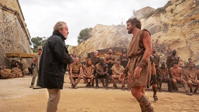 Director Ridley Scott and Paul Mescal on the set of Gladiator II. Picture: Aidan Monaghan / Paramount