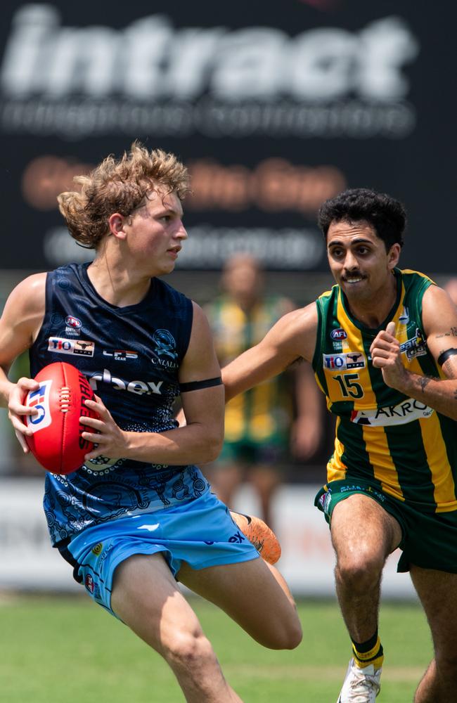 Young gun Nathan Spry on the ball for Darwin Buffaloes against PINT. Picture: Pema Tamang Pakhrin