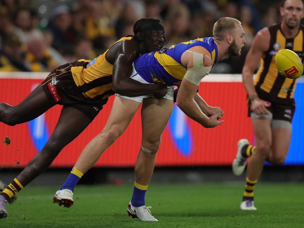 Oscar Allen was in defence for the Eagles. Picture: James Wiltshire/AFL Photos via Getty Images.