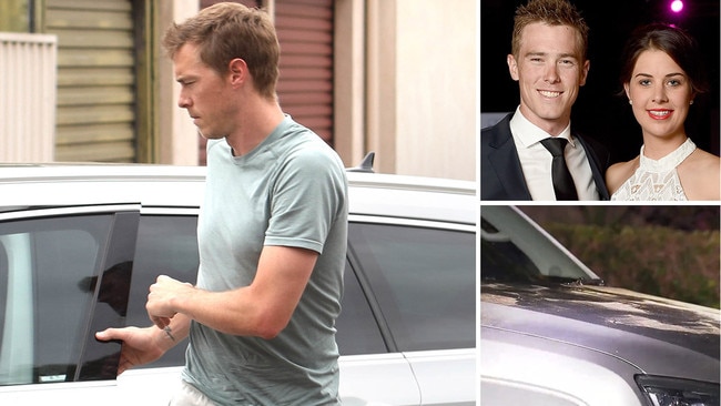 Clockwise from main: Rohan Dennis in Adelaide on Wednesday; with wife Melissa Hoskins in 2015; the bonnet of Dennis’s car that has been impounded by police.