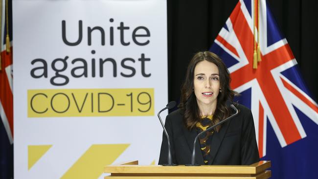 New Zealand’s Prime Minister Jacinda Ardern ahead of a four-week nationwide shutdown. Photo by Hagen Hopkins/Getty Images