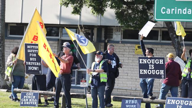 Union protesters at Brisbane’s Carina bus depot. Picture Annette Dew