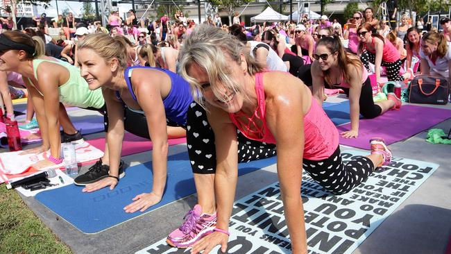 Lorna Jane stretching during the Lorna Jane Active Nation Day last year. Picture: Liam Kidston.